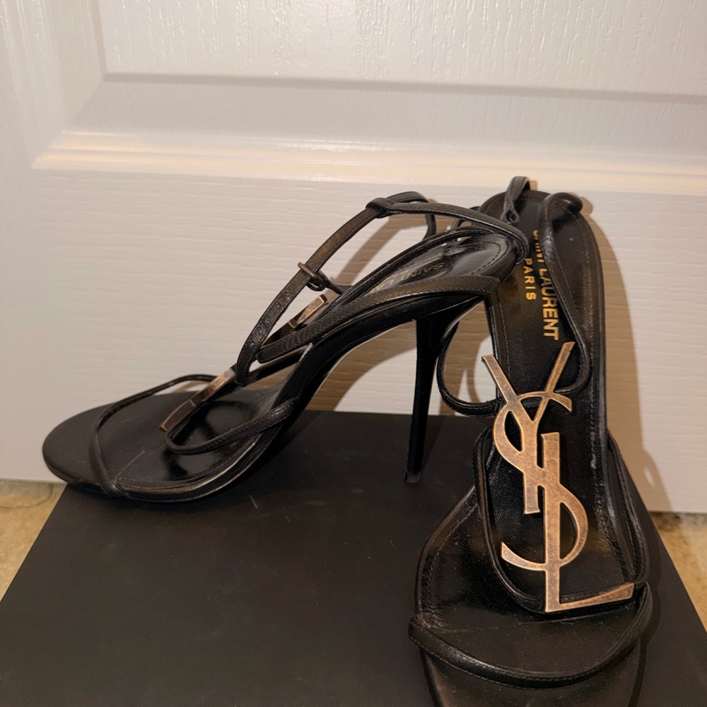 Saint Laurent YSL Opyum Logo Heels Black Gold Sandals | Size 39 - Picture 2 of 4